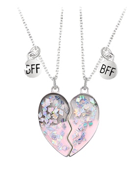 灰粉亮片爱心项链一对