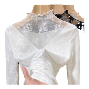 白色高领加绒蕾丝打底衫女高级感秋冬新款内搭叠穿保暖长袖上衣女