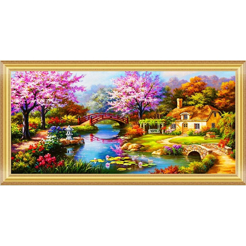 KS色系新款客厅现代欧式油画风景梦幻家园小屋手工刺绣印花十字绣