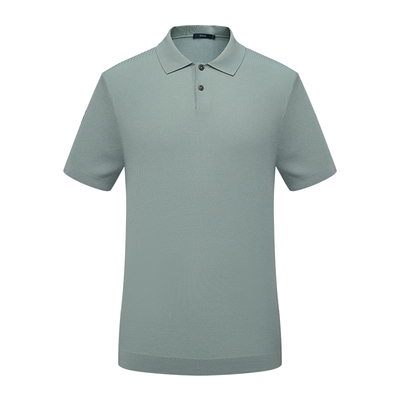 BONI/堡尼24春夏新款休闲浅绿色翻领横机棉混纺短袖T恤LR244B11B