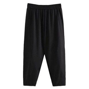 黑色裤子女春夏薄款显瘦八九分萝卜宽松哈伦松紧腰大码胖MM休闲裤