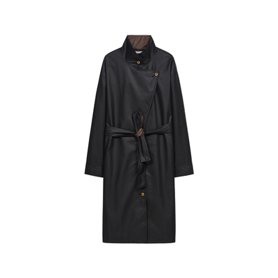 DOSORDONTS 纸片人2025秋新款油蜡感双层领撞色廓形中长款风衣女