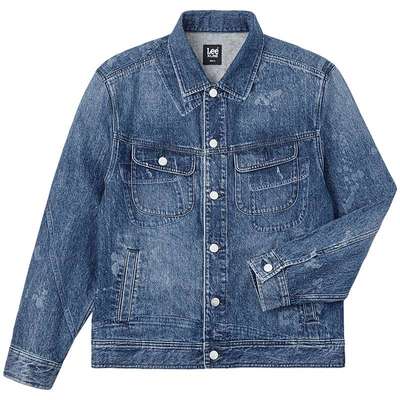 Lee25秋冬新品舒适版翻领数码印花激光复古深蓝色男牛仔夹克外套