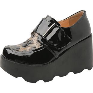 春秋季新款时尚豹纹牛皮单鞋女厚底高跟韩版潮流松糕鞋女鞋皮鞋