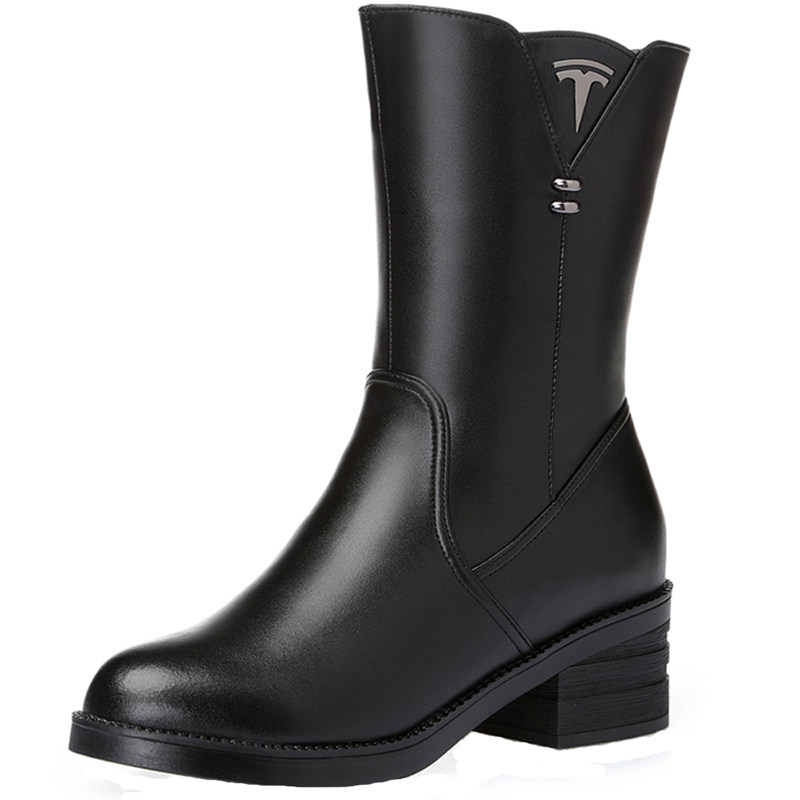 冬季真皮羊毛女棉靴中筒靴子妈妈棉鞋短靴女中跟粗跟加绒保暖大码