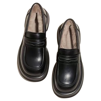 厚底乐福鞋女冬加绒小皮鞋工作鞋