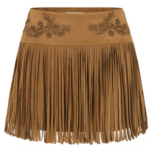 ORA GENESIS2025年冬季新品时尚仿麂皮绳绣流苏半裙