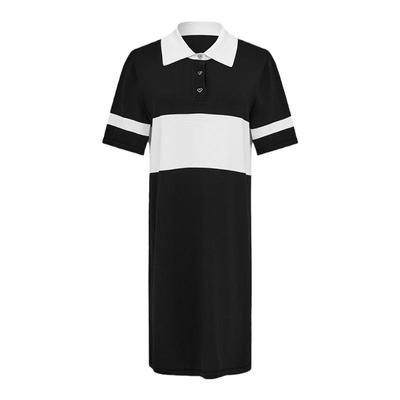 曼德诗Polo领薄款连衣裙女2025夏季新款弹力中裙简约黑白针织裙子