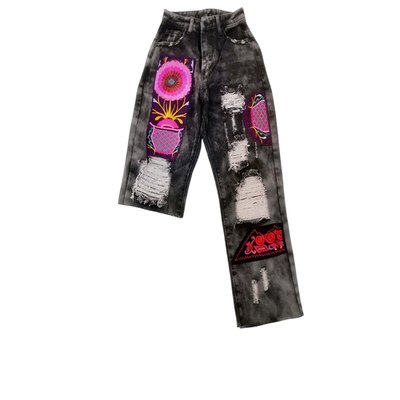 此岸歌声*原创-老绣风不对称褴褛风牛仔裤（19条，偏小一个码）