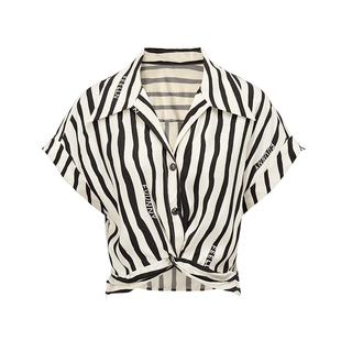 【猫纹系列】FF仿佛衬衫2025夏新款polo领女通勤扭结显瘦条纹上衣