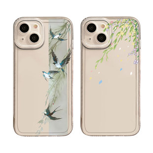喜鹊柳枝适用苹果16手机壳iPhone15小清新17air/14新款13国风12mini小鸟11新中式8plus高级感7古风xs透明xr/x