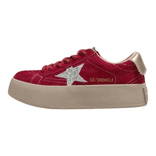 真皮复古厚底板鞋女2026春季新款百搭运动休闲星星鞋增高红色鞋子