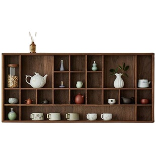 黑胡桃木博古架新中式挂墙实木多宝阁茶杯架子茶具收纳壁挂置物架
