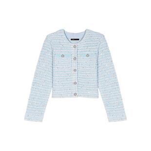 Maje2025秋冬女装复古穿搭法式经典花呢蓝色条纹贴袋圆领短款外套