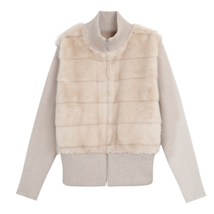 pusumede 云暖气质 仿皮草立领拼接外套女柔软保暖假两件针织上衣