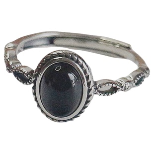 椭圆黑色玛瑙戒指女S925纯银开口戒指可调节复古风潮流银饰送闺蜜