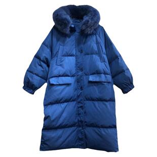 狐狸毛领中长款蓝色羽绒服女小个子加厚25年冬季韩版宽松收腰外套