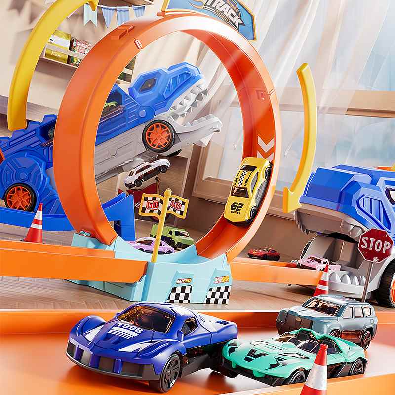 跨境儿童恐龙收纳轨道车变形合金男孩汽车轨道环形滑行玩具弹射