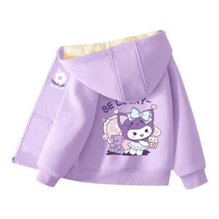 真维斯童装女童外套加绒儿童秋冬款连帽卫衣女大童一体绒紫色开衫