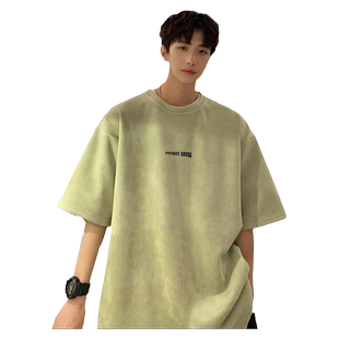 浅绿色短袖男款夏季美式高街麂皮绒t恤上衣潮牌重磅宽松半袖体恤