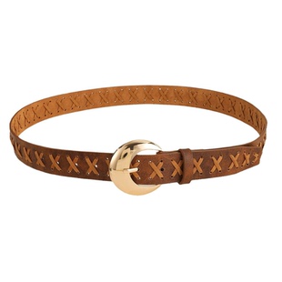 复古风编织皮带女金属扣头做旧仿皮腰带牛仔裤带