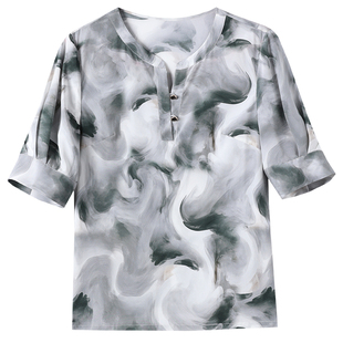 重磅真丝绸缎面t恤女2025夏新款大码短袖高档复古印花桑蚕丝上衣