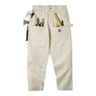 马登工装美式复古做旧宽松米白牛仔裤休闲直筒多口袋伐木工裤男春