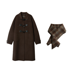 【剑桥晚风】Uena棕色牛角扣长款绵羊毛双面呢大衣外套附格纹围巾