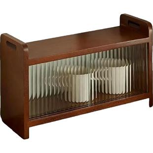 实木杯架桌面推拉防尘置物架家用多层中古风茶杯收纳架水杯展示架