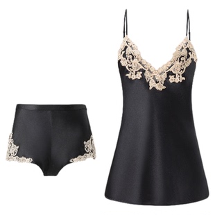 LP黑色丝绸蕾丝性感吊带睡衣女夏短裤背心二件套装家居服高档礼物