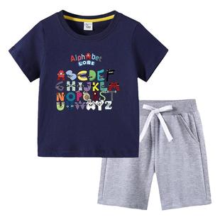 Alphabet lore英文字母纯棉T恤夏季新款韩版儿童短袖中裤两件套