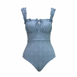 visual mood泳衣女法式显瘦复古蓝镂空刺绣新款度假温泉连体泳衣