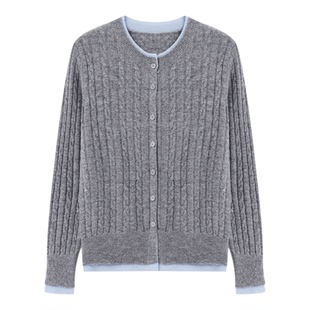 百家好灰蓝撞色麻花针织羊毛开衫女冬季新款复古慵懒圆领绞花毛衣