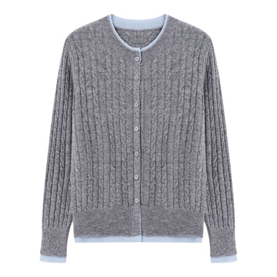 百家好灰蓝撞色麻花针织羊毛开衫女冬季新款复古慵懒圆领绞花毛衣