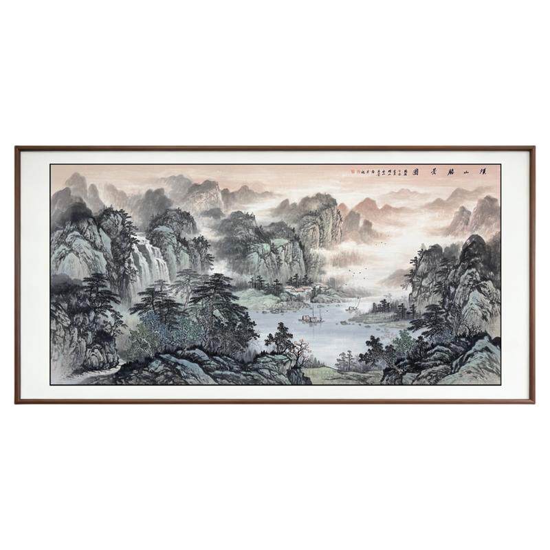 新中式聚宝盆手绘山水靠山图挂画