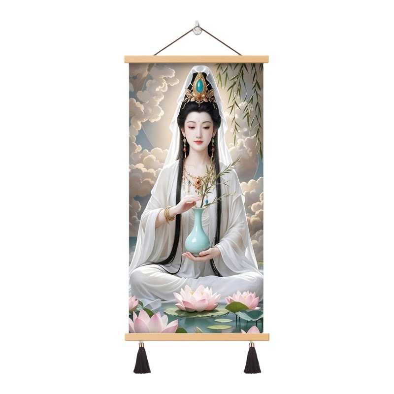 白衣观音画像保平安佛堂供奉挂画观世音菩萨佛像挂画玄关卷轴画