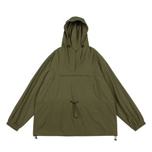 NOEARS秋冬复古橄榄绿户外连帽冲锋套头卫衣日系半门襟宽松上衣