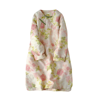 中式亚麻改良碎花旗袍裙素雅印花夹棉连衣裙舒适中长轻薄棉衣棉服