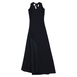 ousph【现货7折】法式黑色绑带V领系脖长裙女开叉露腿性感连衣裙