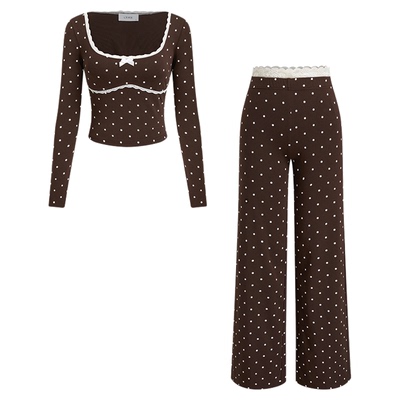 CIDER波点蕾丝蝴蝶结上衣荷叶边裤家居服套装114756255