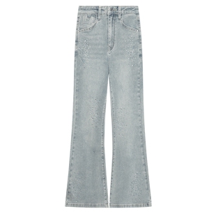 白鹿语高街烫钻微喇牛仔裤女26春款复古高腰显瘦修身喇叭裤九分裤