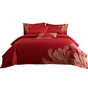 轻奢高级感红色四件套结婚床上用品100S全棉喜被婚庆简约高端婚嫁