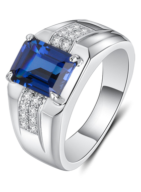培育宝石蓝宝石蓝刚玉925银戒指