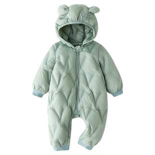 90白鸭绒轻薄连帽款婴童羽绒连体衣2025冬装新款宝宝保暖爬服纯色
