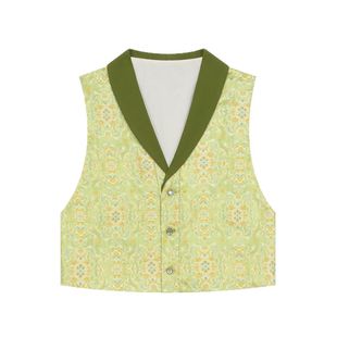 织造司[翠茵]原创仿宋锦宝相花纹翻领马甲上衣松紧腰改良三裥长裙