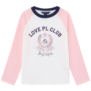 【100%棉】POLOWALK童装女装长袖T恤25秋季新品撞色印花圆领上衣