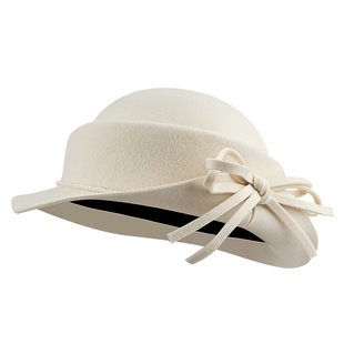 赫本风100%纯羊毛蝴蝶结卷边礼帽女秋冬高级感显脸小千金渔夫帽子