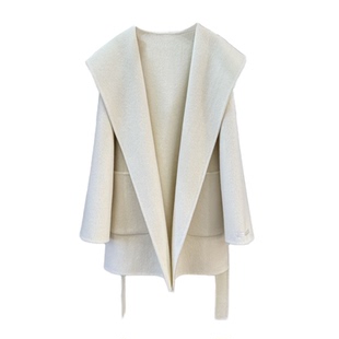 韩系慵懒高级感奶油白连帽双面羊毛呢大衣女秋冬系带收腰毛呢外套