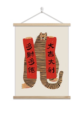 中式招财猫卷轴挂画客厅书房