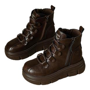 真皮复古马丁靴女款2026新款百搭小个子加绒厚底百搭复古高帮短靴